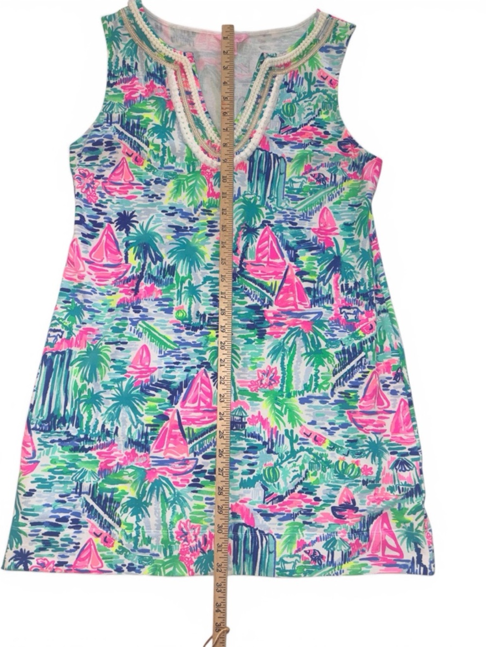 Lilly Pulitzer XL Tropical Shift Dress Gold Trim V-Neck - Picture 12 of 12